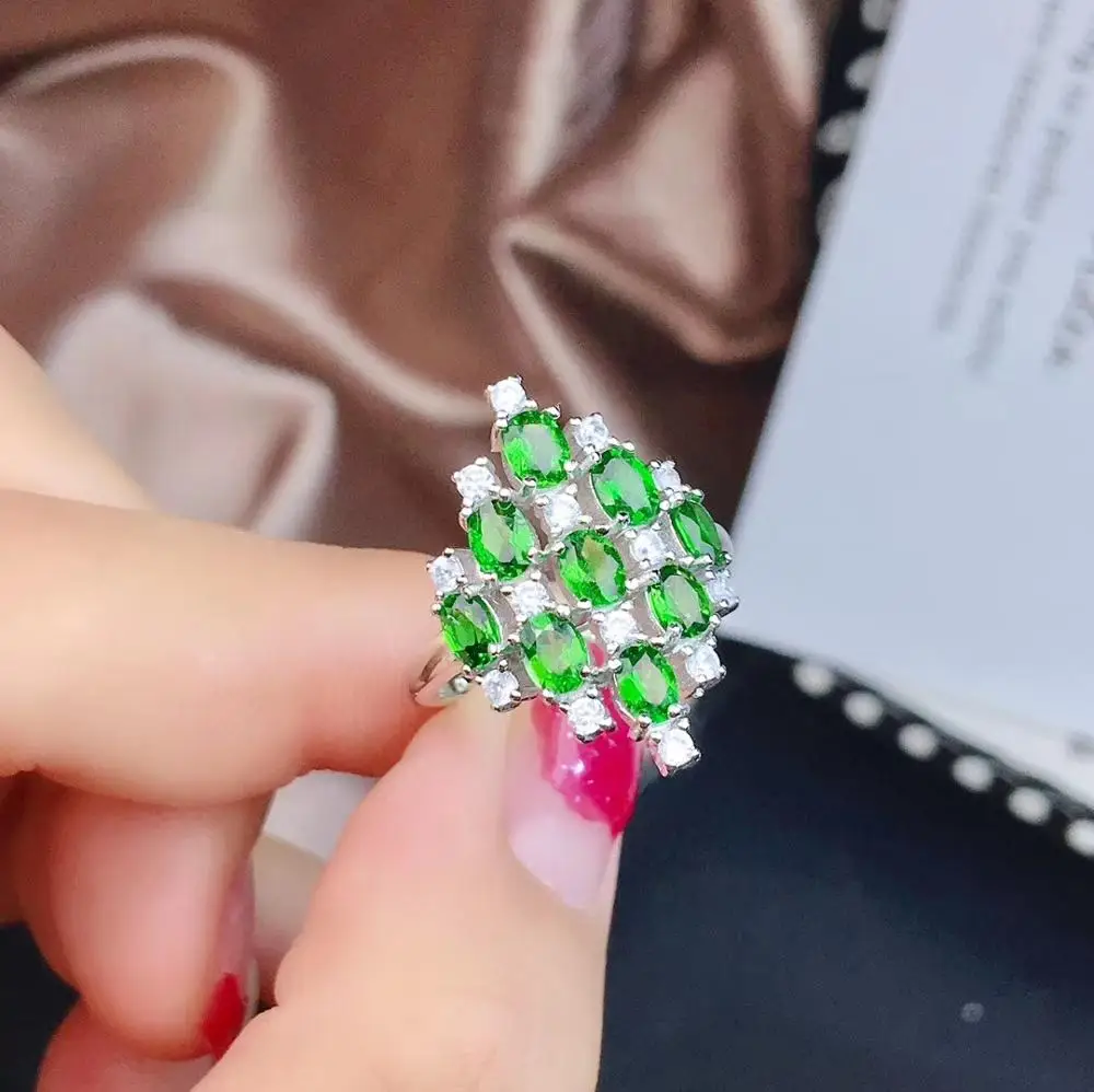 

Luxurious big rhombus Thick Natural green diopside gem Ring Natural gemstone ring S925 silver women's party gift Jewelry