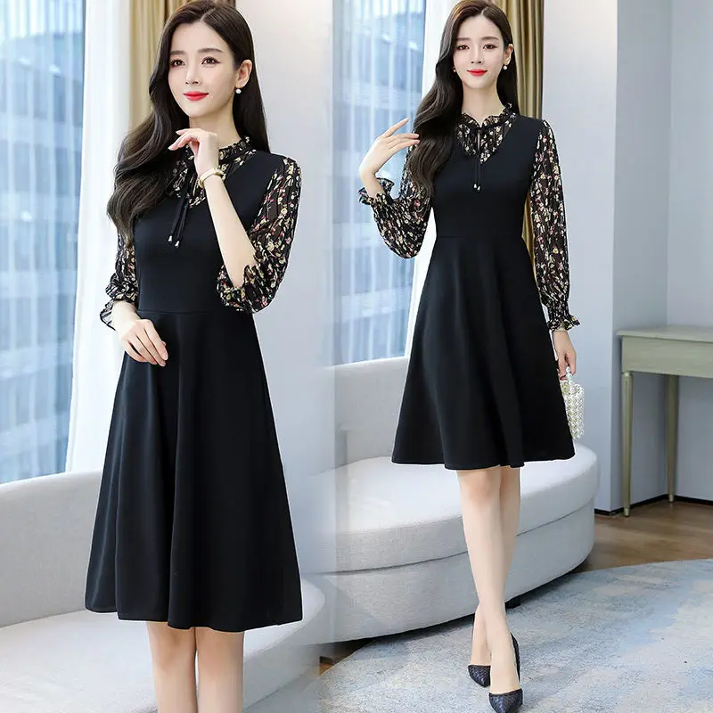 

2021 New Women Fake Two Side Fashion Print Patchwork Dresses Female Chiffon Dress Elegant Flare Sleeve Slim Long Vestidos B131