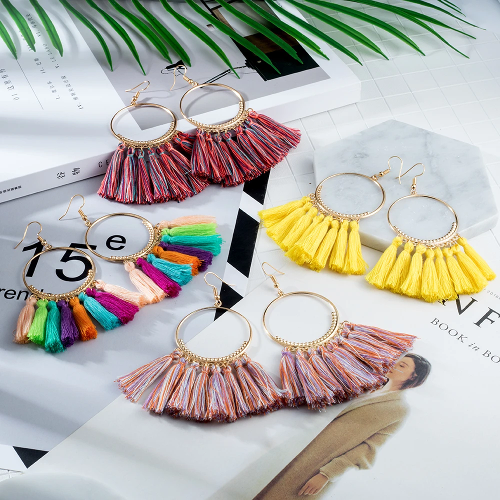 Новые Boho Стиль Большой Круг висячие серьги с кисточками для женщин богемные