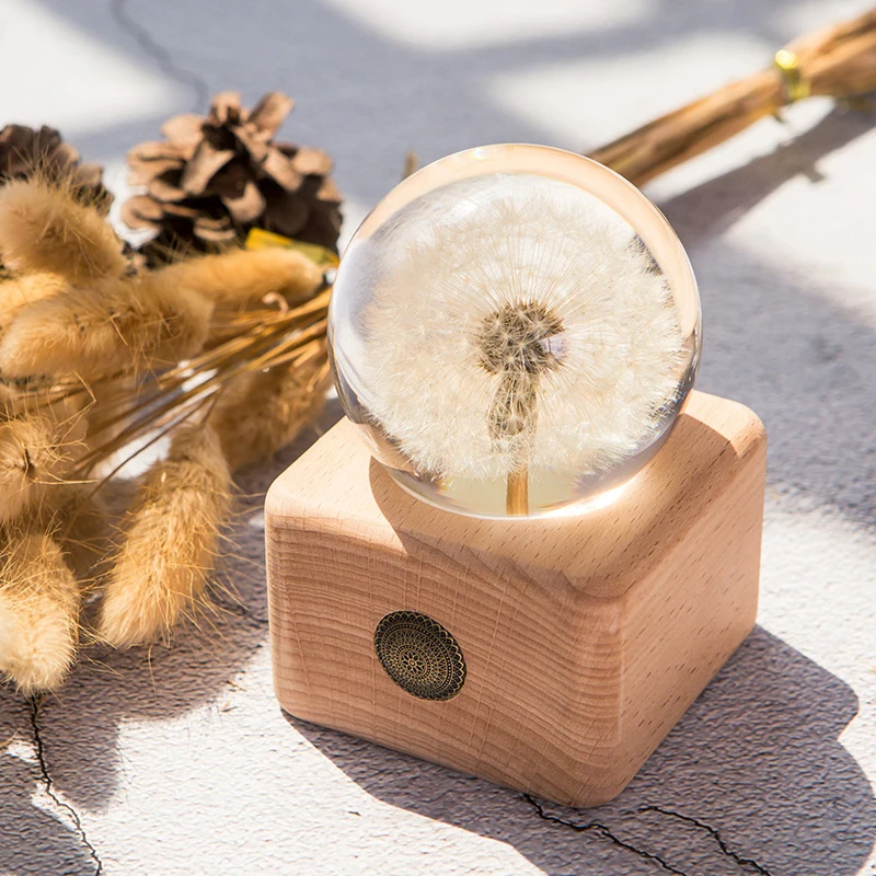 

60/70mm Dandelion Crystal Ball With Stand LED Light Dandelion Flower Crystal Glass Resin Lens Ball Surprise Woman Birthday Gift