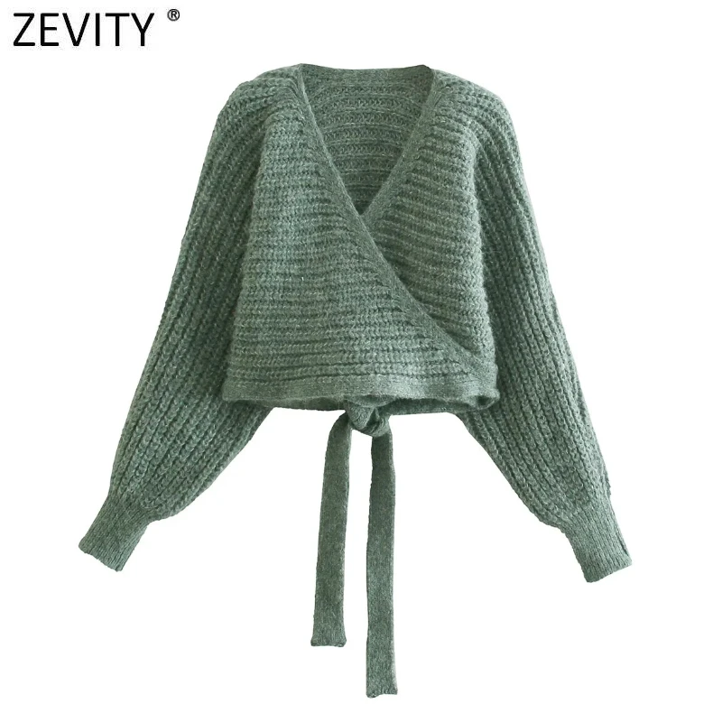 

Zevity New Women Fashion Cross V Neck Hem Lace Up Short Green Knitting Sweater Female Chic Cardigans Slim Coat Tops SW1096