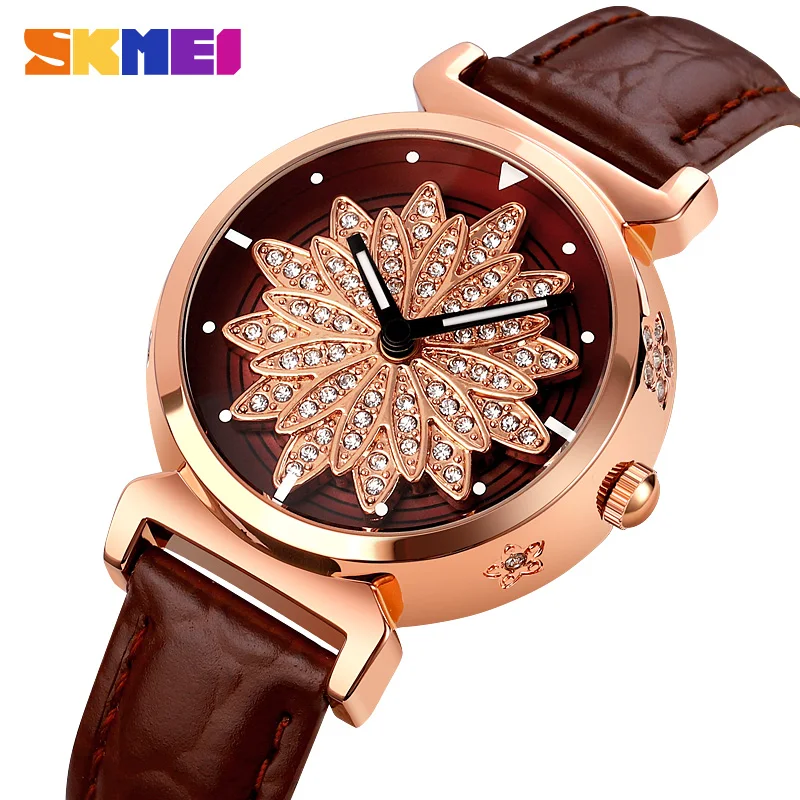 

SKMEI New Fashion Creative Flower Rotaing Dial Quartz Movement Watch For Women Business Leather Strap Waterproof Wristwatch