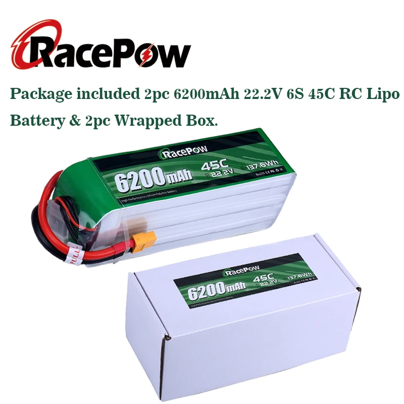 

RacePow RC Lipo Battery 22.2V 45C 6200mAh 6S with XT60 Plug for 1/8 1/10 RC Car Plane FPV Boat Truck Helicopter Akku 2 untis