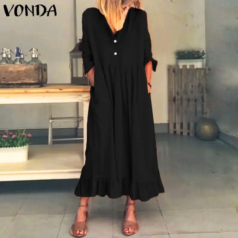 Женское Макси длинное платье VONDA повседневное свободное платье с длинным рукавом и рюшами богемное платье размера плюс сарафан S-5XL женское платье
