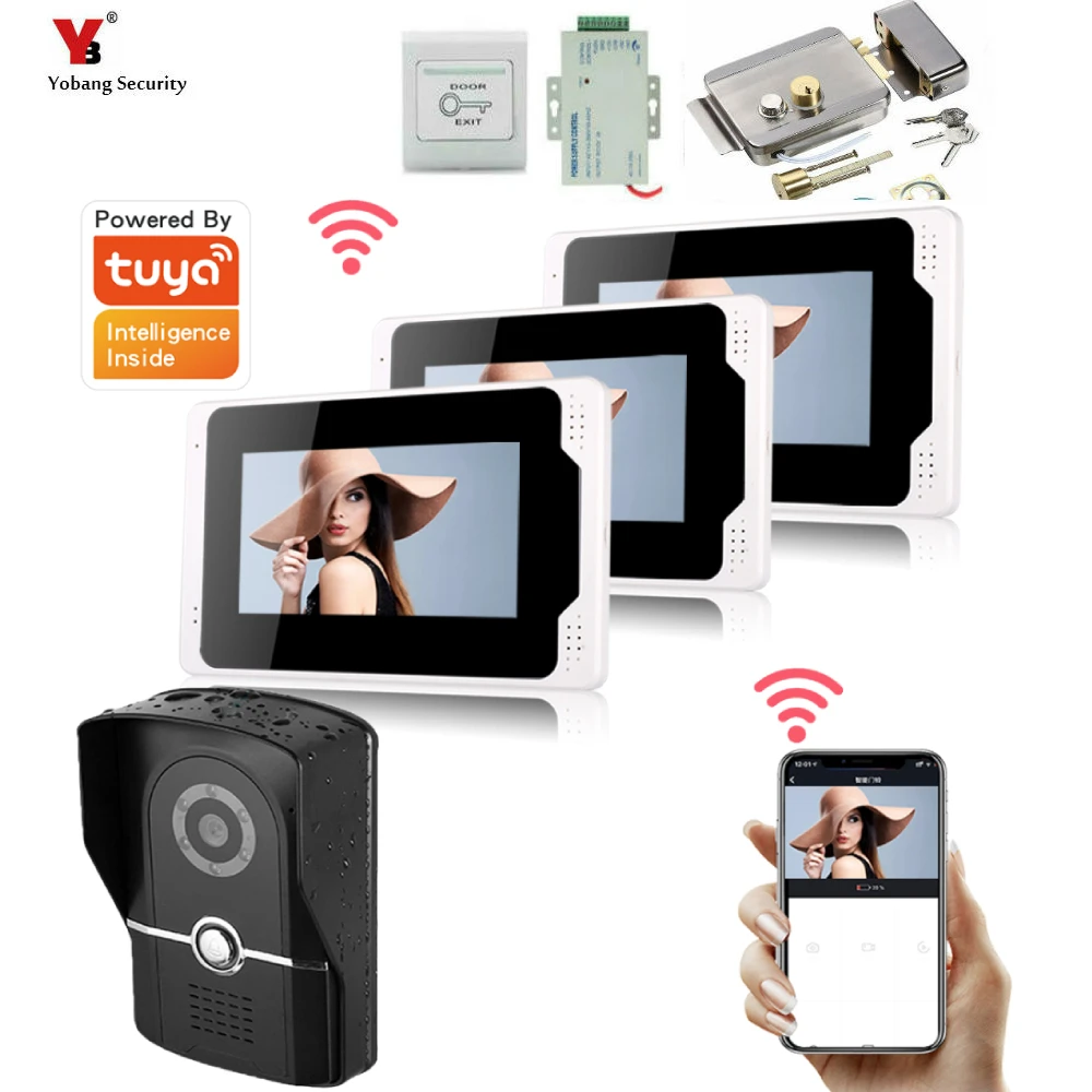 

Беспроводной Wi-Fi умный IP-видеодомофон Tuya, 7 дюймов, 3 сенсорных экрана, 1 проводная камера 1080P