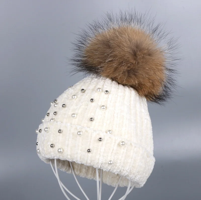 Mink Pom white hat Женская шенилловая зимняя шапка с лисьим помпоном очень мягкая Высококачественная полосатая самодельная дизайнерская женская модная зимняя Шапка-бини - Цвет: Mink Pom white hat