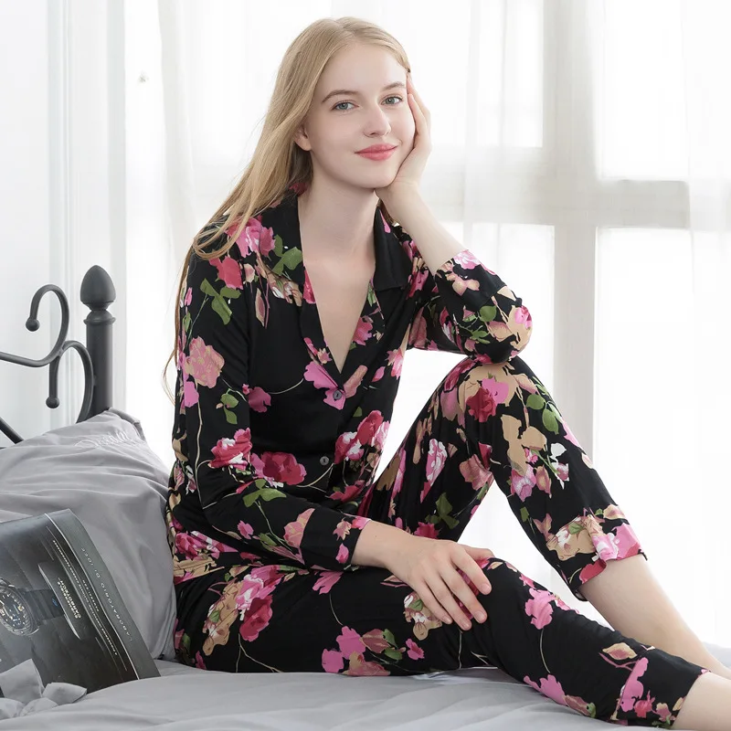 Women Pajamas Set Silk Knit Floral Print Long Sleeve Top and Bottom Set Size M L XL XXL