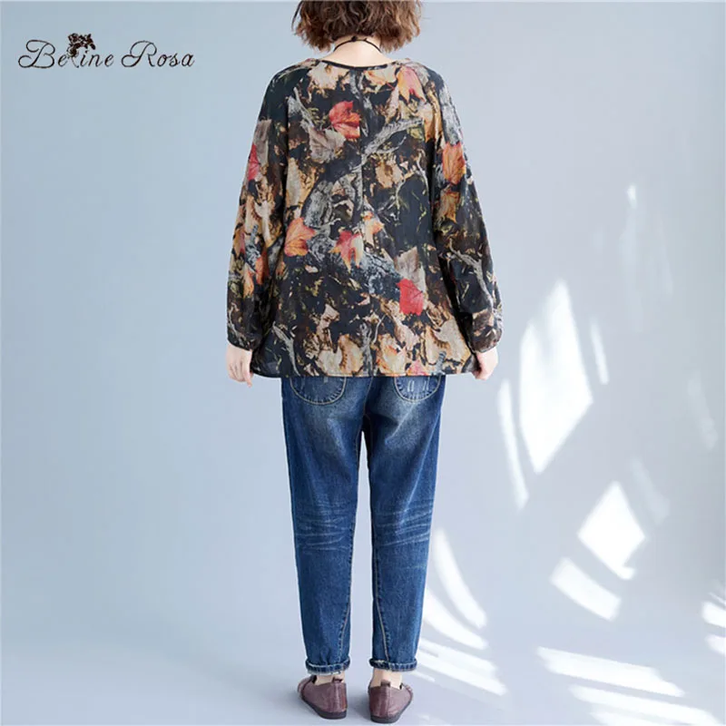 BelineRosa Ретро Винтаж Печать Футболка женская Повседневная Свободная с длинным