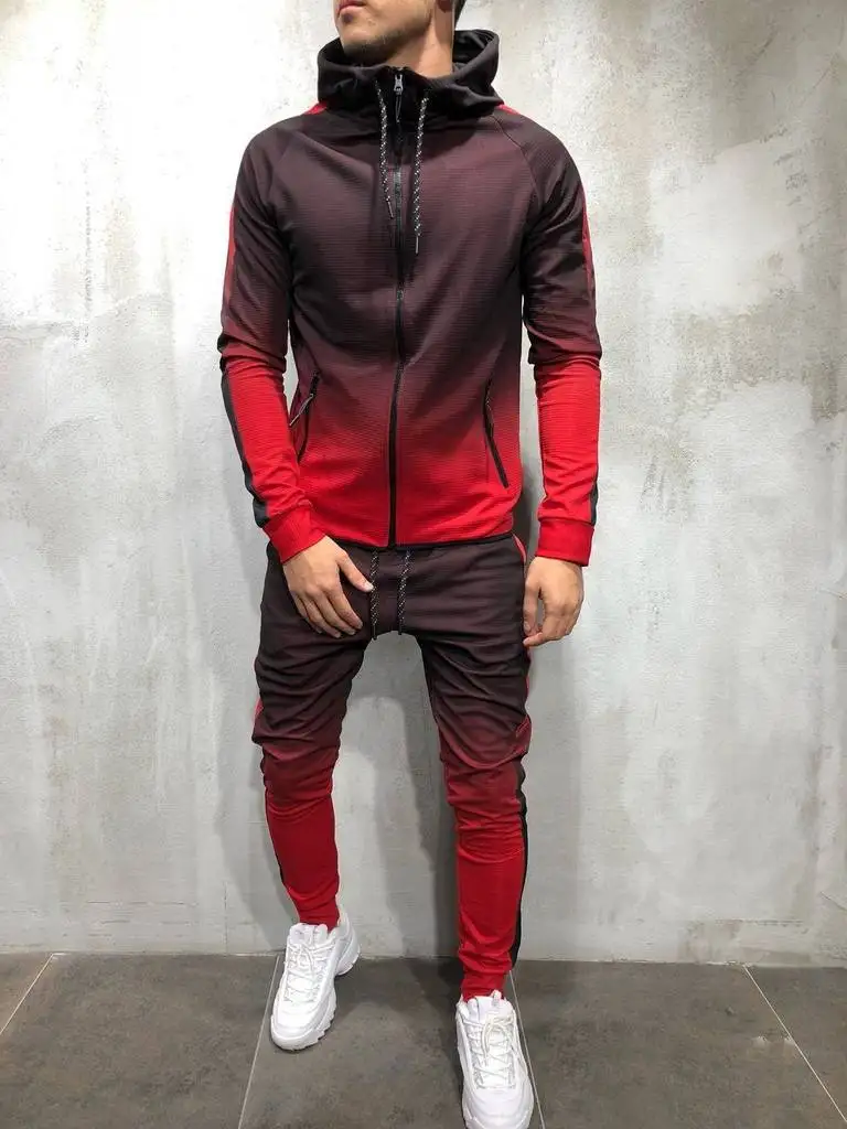 

3D gradient printing zipper hip hop sports Hoodie color matching men's suit