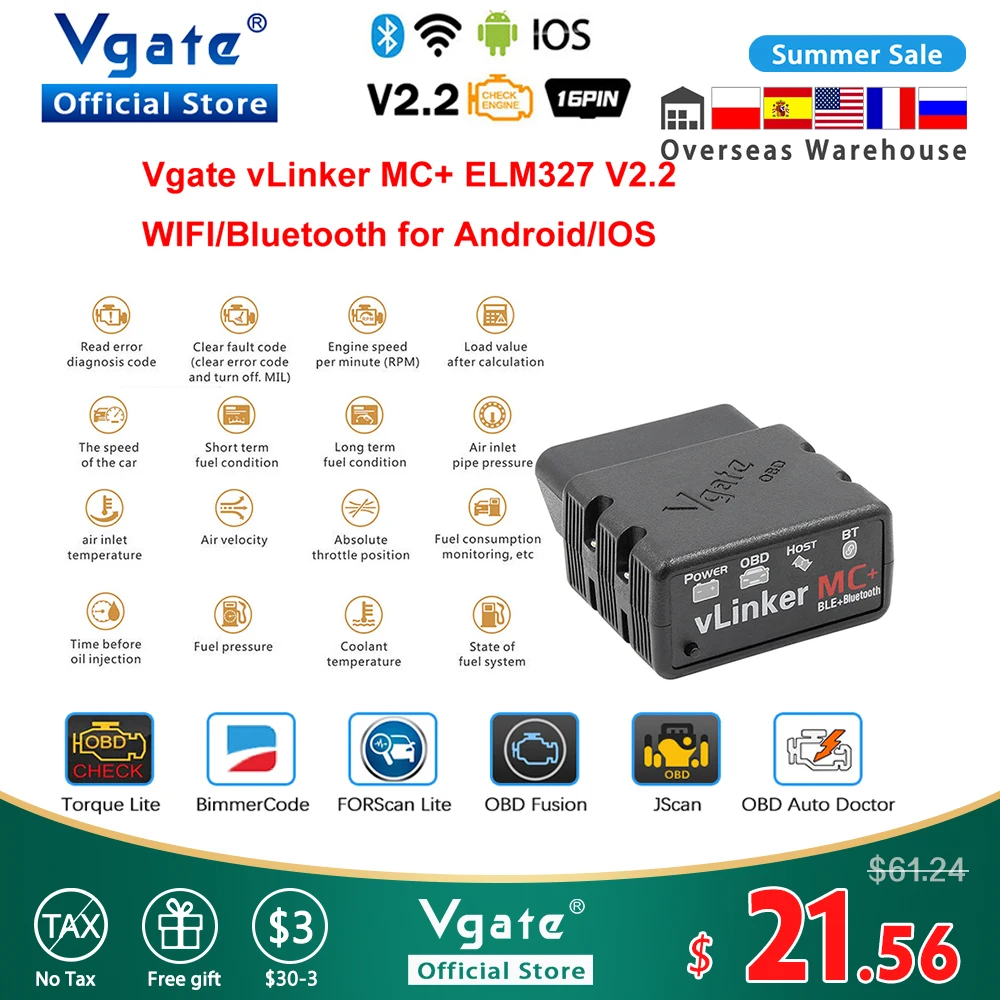 Vgate vLinker MC + ELM327 Bluetooth 4 0 OBD 2 OBD2 сканер Wi Fi для bпогружения FORScan Android/IOS PK OBDLINK ELM 327 в 1