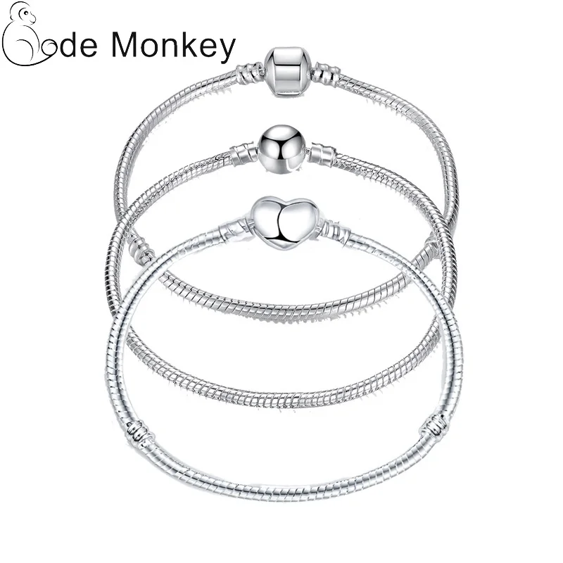 

17-21cm Silver Color Love Snake Chain Bracelet Fit Original Design Beads Charm DIY Bead Bangles Jewelry Making Fashion Gift