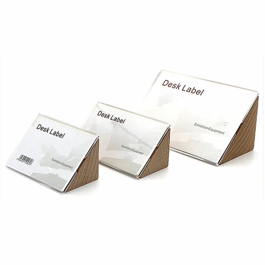 Desktop Label Display Stands Holder for Price Paper Card Promotion with Clear Acrylic Front Cover and Fumigated Log Support 2pcs