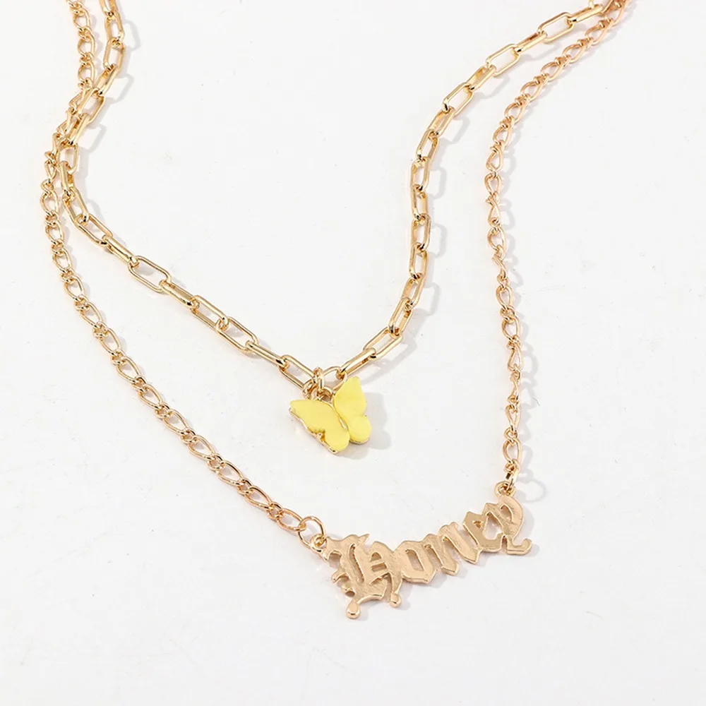 

Fashion Women Multi-layer Gold Color Necklace Animal Butterfly Purple/Pink Crystal Pendants Clavicle Chain Temperament Necklaces
