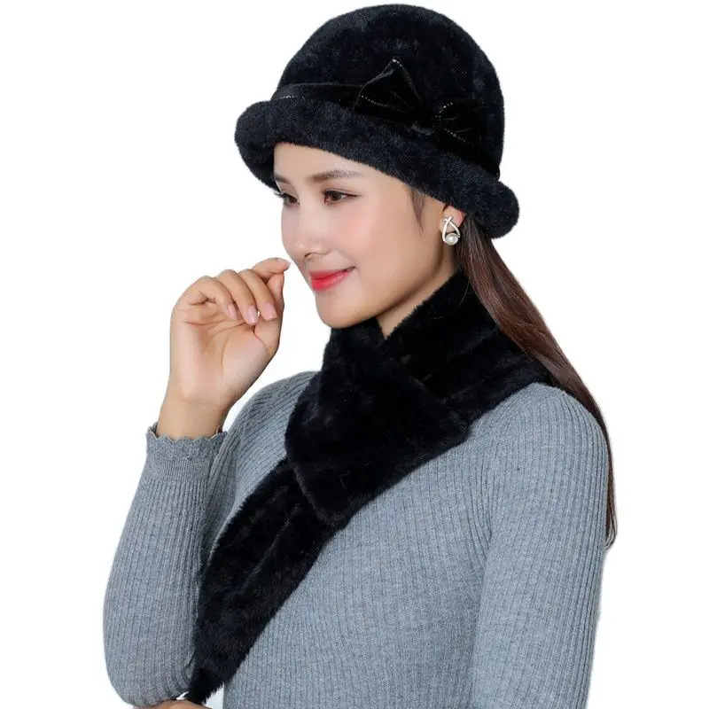 

Fashion Winter Hat And Scarf Set For Women Rabbit Fur Hat & Scarf Girls Pompons Knitted Beanies Scarves 2 pieces / set Accessori