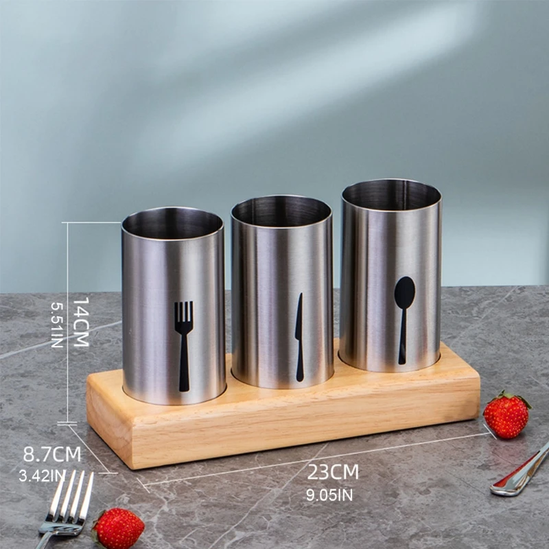 

H056 Flatware Holder Stainless Steel Cutlery Basket with Wooden Base Stand for Forks Knives Spoons Kitchen Restaurant