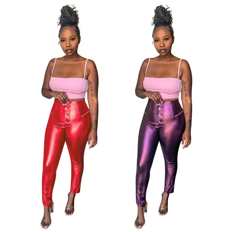 

Women Pants Spring High Waist Button Pu Leather Sexy Night Club Wear Solid Color Ankle Length Leggings Women