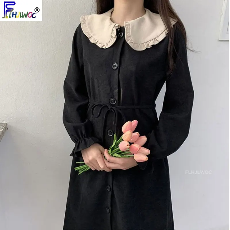 Женское платье рубашка на пуговицах черное дизайнерское винтажное в корейском и