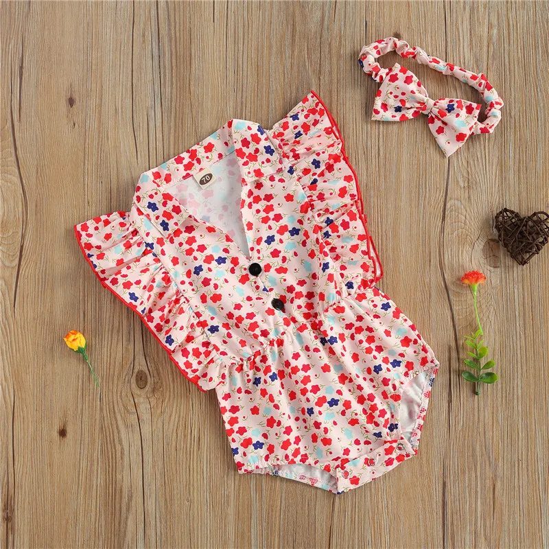 

2021 Summer Cute Baby Girl Romper Cute Baby Girl Floral Print Fly Sleeve Cotton Jumpsuit+Bow Headband Sweet Infant Outfits 2Pcs