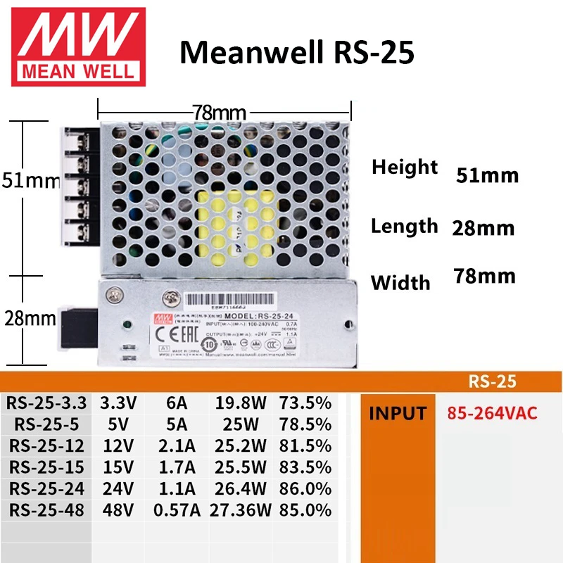 MEAN WELL RS импульсный источник питания AC DC SMPS 220V 5V 12V 24V 48V блок трансформатор 10A 3A 5A 9A 2A