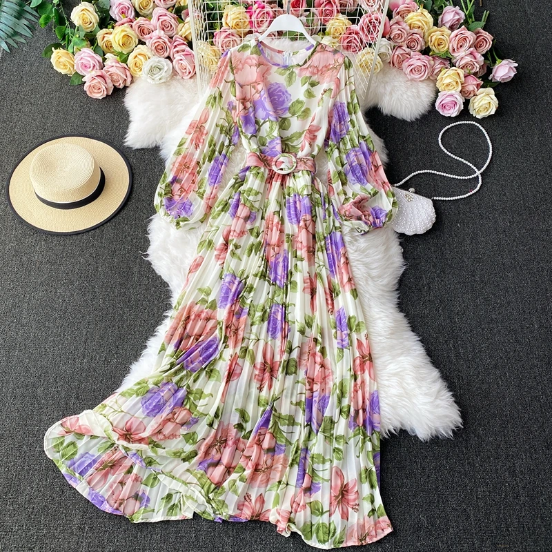 

Women's spring summer runway fashion Flower print pleated long dress female long sleeve chic travel beach dress TB1501