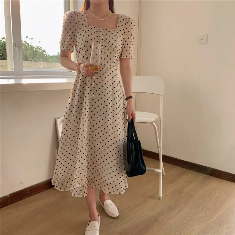 

HziriP Sweet Square High Waist Slim Gentle Puff Sleeve Streamer Ladies 2021 Hot Chic Fashion Korean Elegant Polka Dot Dress