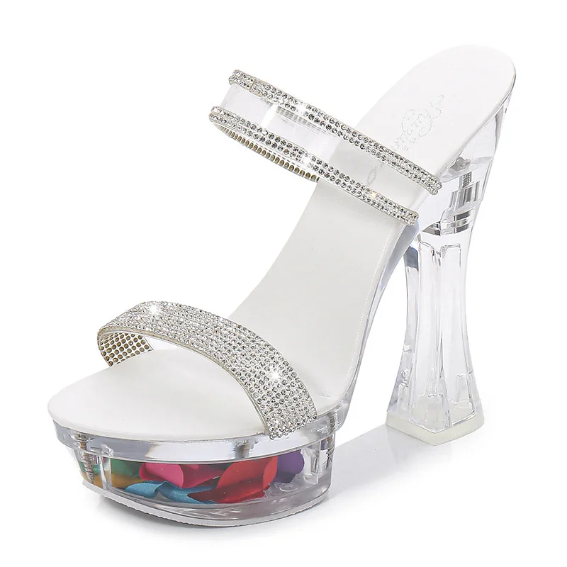 

Summer Women 14CM Super High Heel Shoes Transparent Platform Catwalk Sexy High Heels Fashion Rhinestone Open Toe Party Pumps
