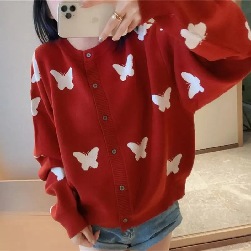 

High Quality Runway Christmas Clothes 2020 Autumn Butterfly Print Sweet Knitted Cardigan Women Loose Oversize Sweater Coat Black