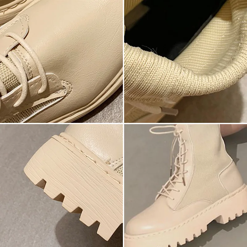 

Women Boots Woman Lace up Shoes Gothic Sock Platform Leather Chunky Heels Boots Fashion