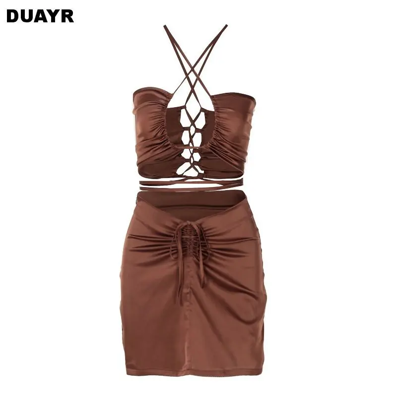 

DUAYR Summer Sexy Dress Set Solid Color Hollow Out Party Dress Sling-Neck Crop top Lace up Bandage Hot Women Mini Skirt 2-Pieces