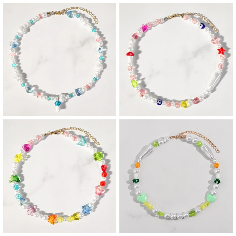 

Y2K Colorful Irregular Acrylic Beads Pearl Choker Beaded Necklace For Women Shell Heart Flower Beads Necklace Boho Beach Jewelry
