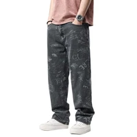 fashion printed cargo jeans mens casual pants straight loose baggy skateboard wide leg denim hiphop harem clothing plus size