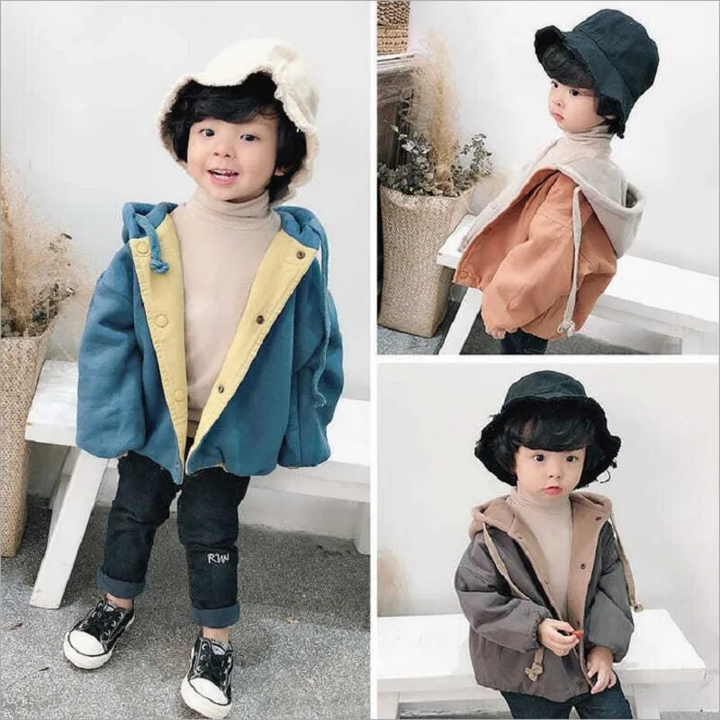 

Autumn 1-7Years Children Outwear Wear Both Sides Jacket For Boys Casual Thickened Cotton Hooded Boys Coat For Kids Clothes Tops