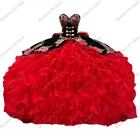 Потрясающее красное с цветами и черное бархатное 2022 Пышное Бальное платье платья для XV 15 лет женское вечернее официальное платье Quinceanera с оборками