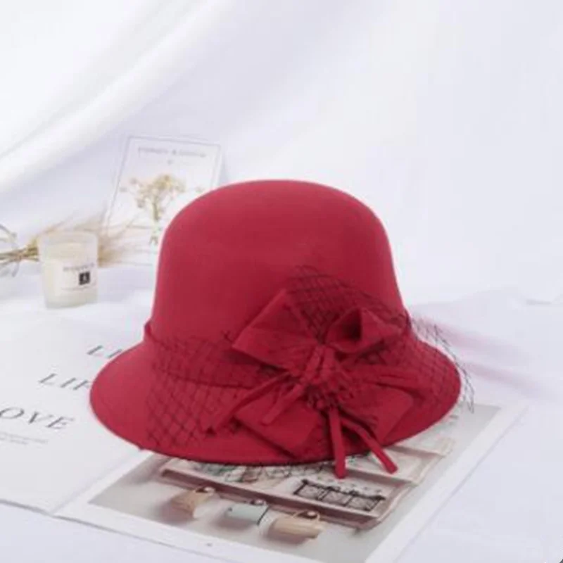 Новая Винтажная шляпа-колокол из искусственной шерсти с сетчатым бантом |