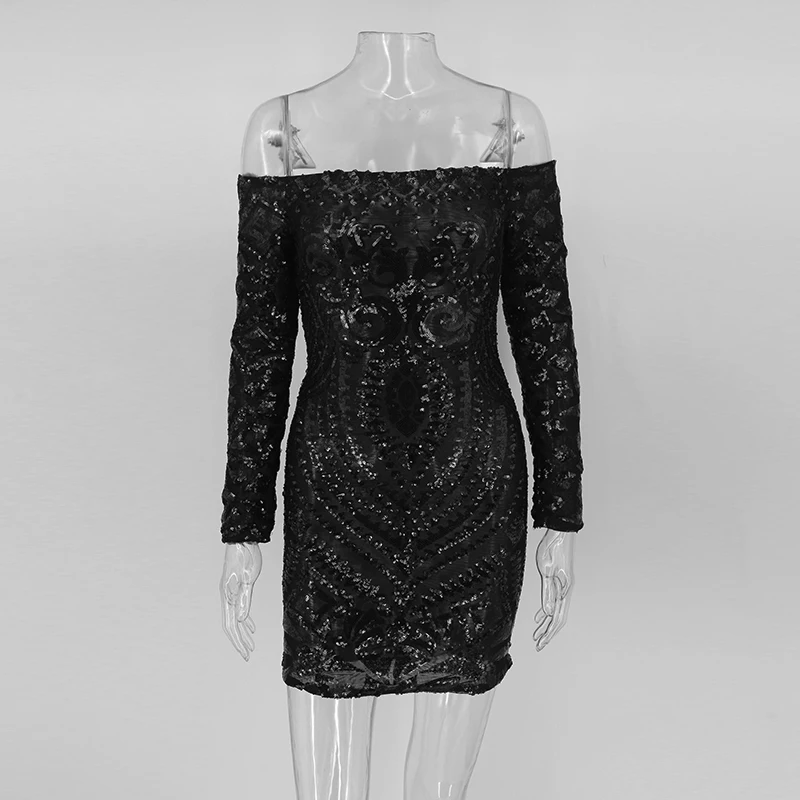 Slaygirl Long Sleeve Sequins Mini Dress Off Shoulder Women Elegant Slash Neck Sexysolid Black Silm Dresses For Party Club