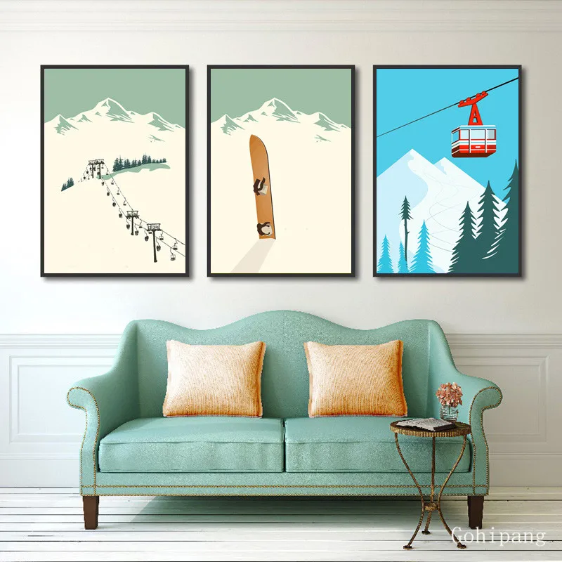 Nordic Decoration Home Vintage Winter Landscape Posters and Prints Painting Abstract Skiing Sports Canvas Art Wall Pictures | Дом и сад