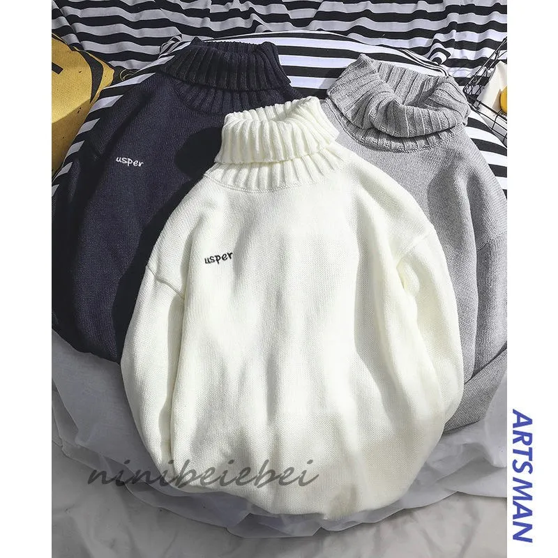 

2021Korean autumn and winter men's turtleneck sweater new thickened T-shirt loose trend Hong Kong Style Couple Dress