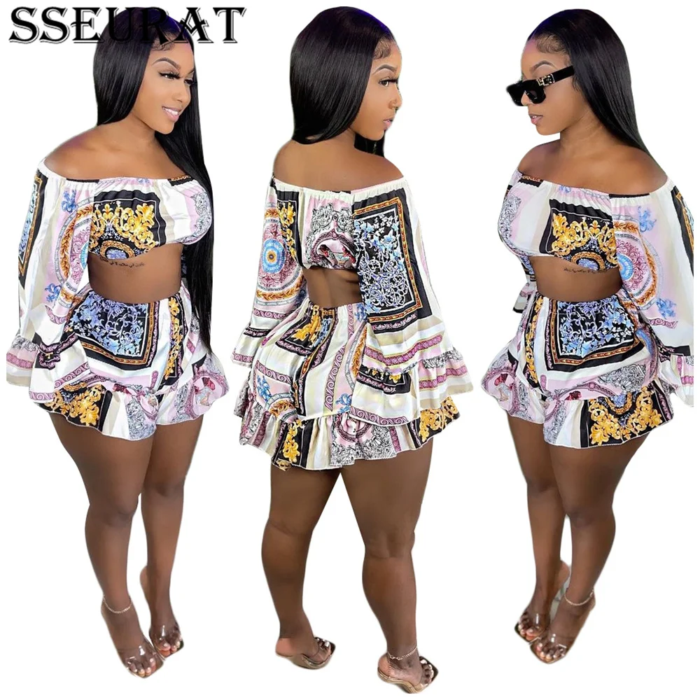 

SSEURAT Summer Vintage Suits Flare Sleeve Crop Top & Loose Shorts Set Sexy Night Club Party Street Two Piece Suit Outfits