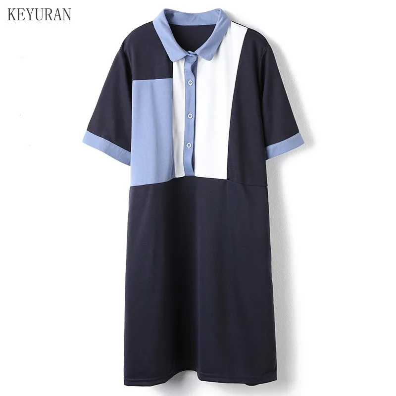 

Plus Size Women Dress Summer 2021 Single Breasted Short Sleeve Turn-down Collar Patchwork Shirts Dresses Female Elegant Vestidos