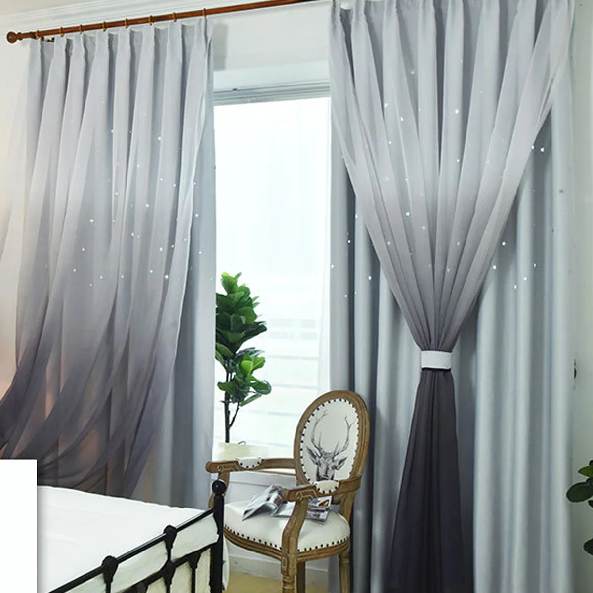 

Korean Style hollow star curtain double shade bedroom living room finished pink dream princess Drapes
