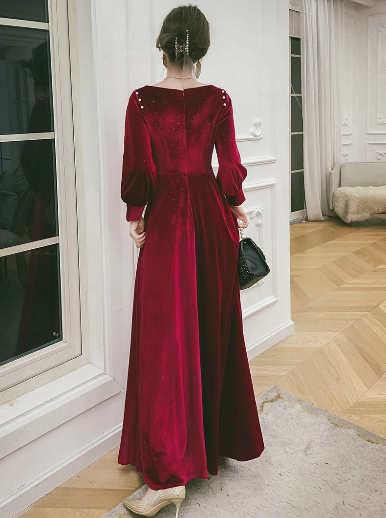 AnXin SH Princess sweetheart long sleeve velvet a line evening dress vintage zipper party brie wine red | Свадьбы и торжества