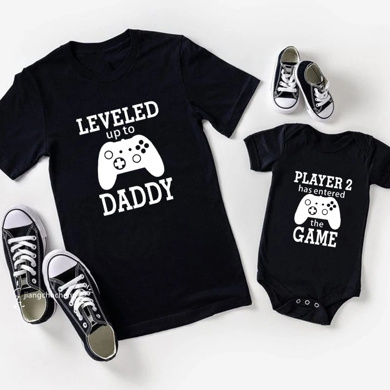 Leveled Up To Daddy Player 2 Has Entered The Game Funny Family Matching Clothes Cotton Daddy and Me Tshirt Father's Day Gift