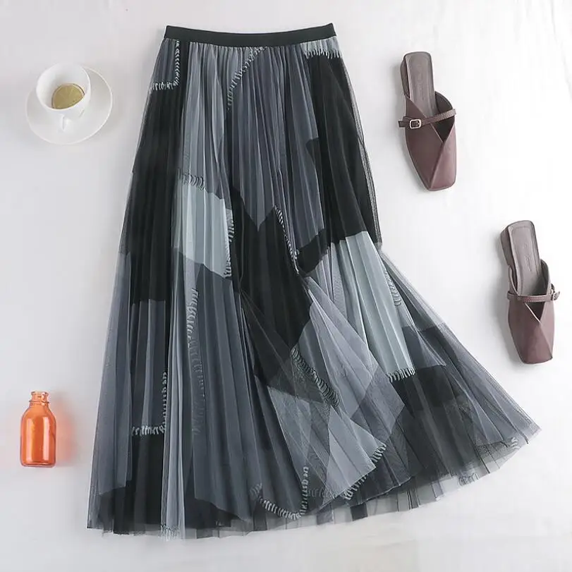 

Spell Color Mesh Skirts for Woman Fashion High Quality Lining Korean Vintage Beautiful Midi Pleated Tulle Skirt Femme Jupe w95