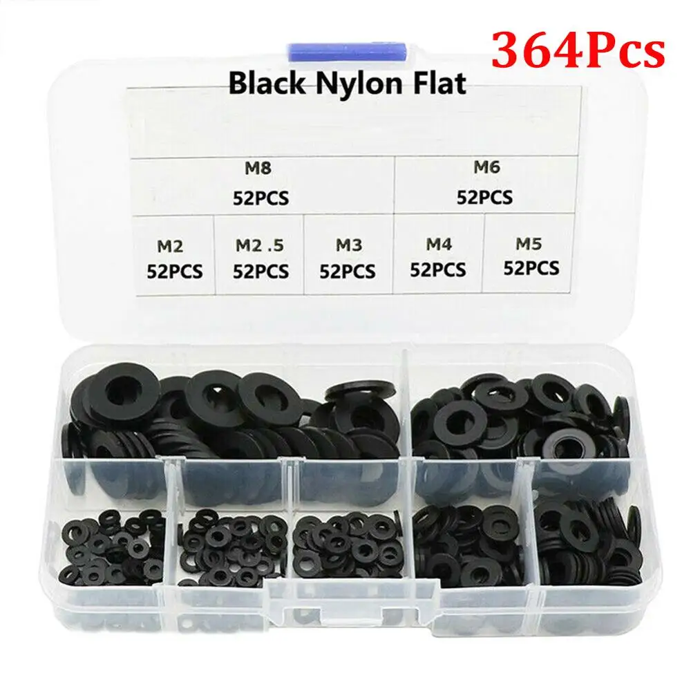 

364pcs Black Nylon Flat Ring Washer Gaskets Kit M2 M2.5 M3 M4 M5 M6 M8 Metric Bolts/Screws New Nylon Flat Washers w/Box