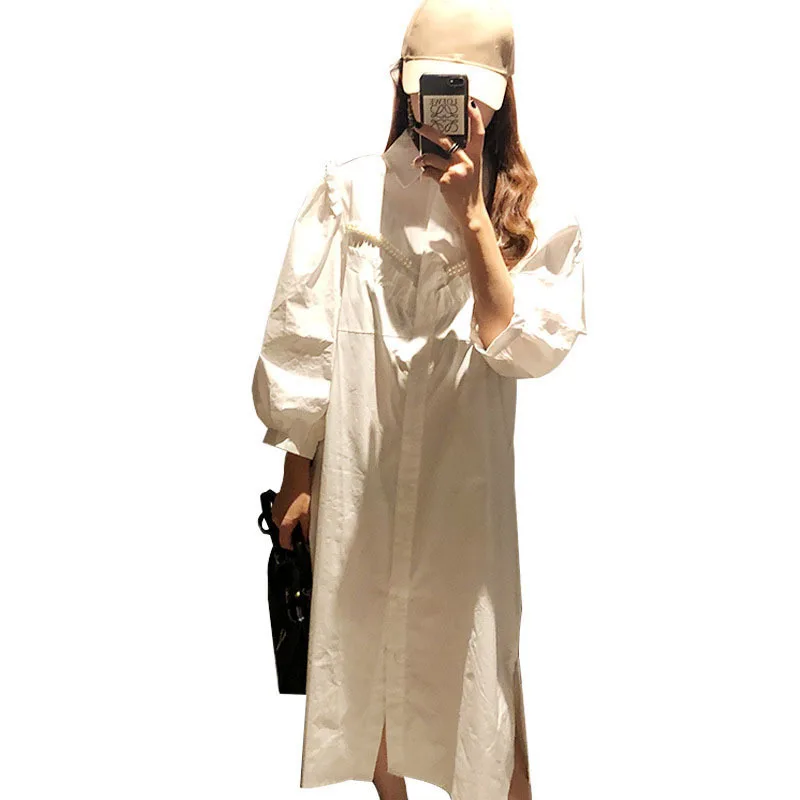 

DEAT Women White Patchwork Beading Blouse New Lapel Long Puff Sleeve Loose Fit Shirt Fashion Tide Spring Autumn 2021 7D0039