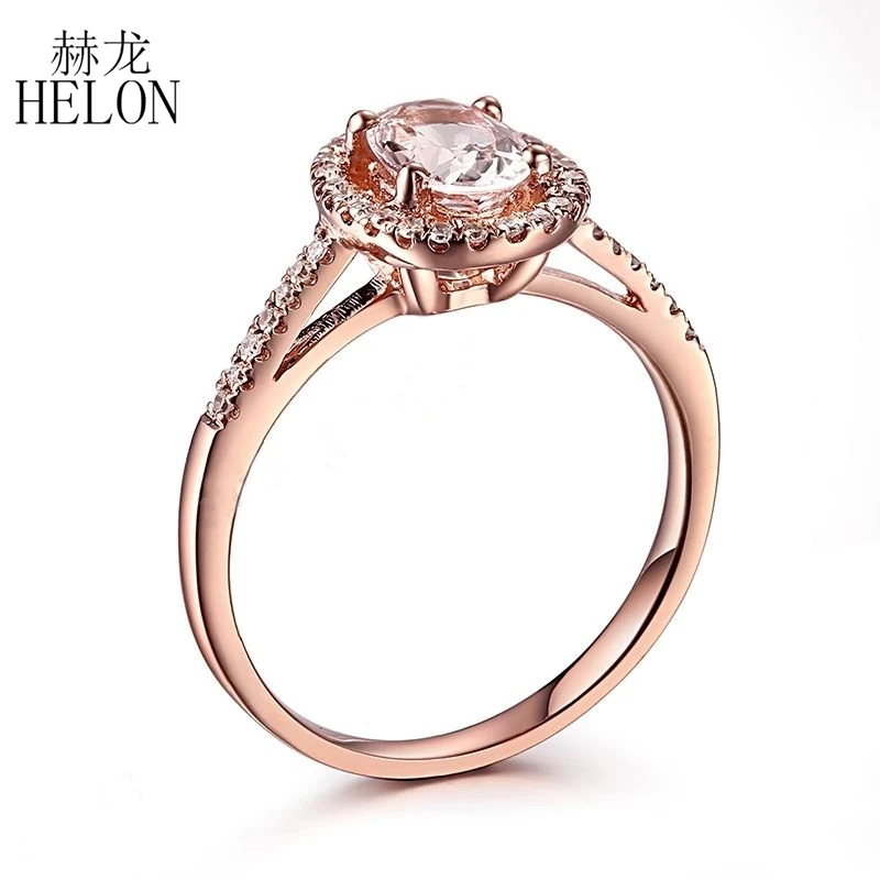 HELON Solid 10K Rose Gold Flawless Oval 7x5mm Natural Morganite Diamond Ring Women Wedding &amp Anniversary Band Fine Jewelry Gift |