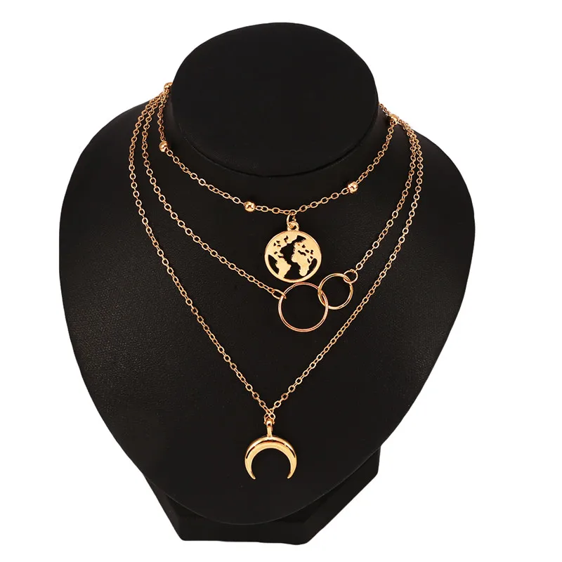 

Gold Color Necklace Jewelry Pendant Necklace for Women Multilayer Moon World Map Moon Star Party Gift for Female Link Chain -