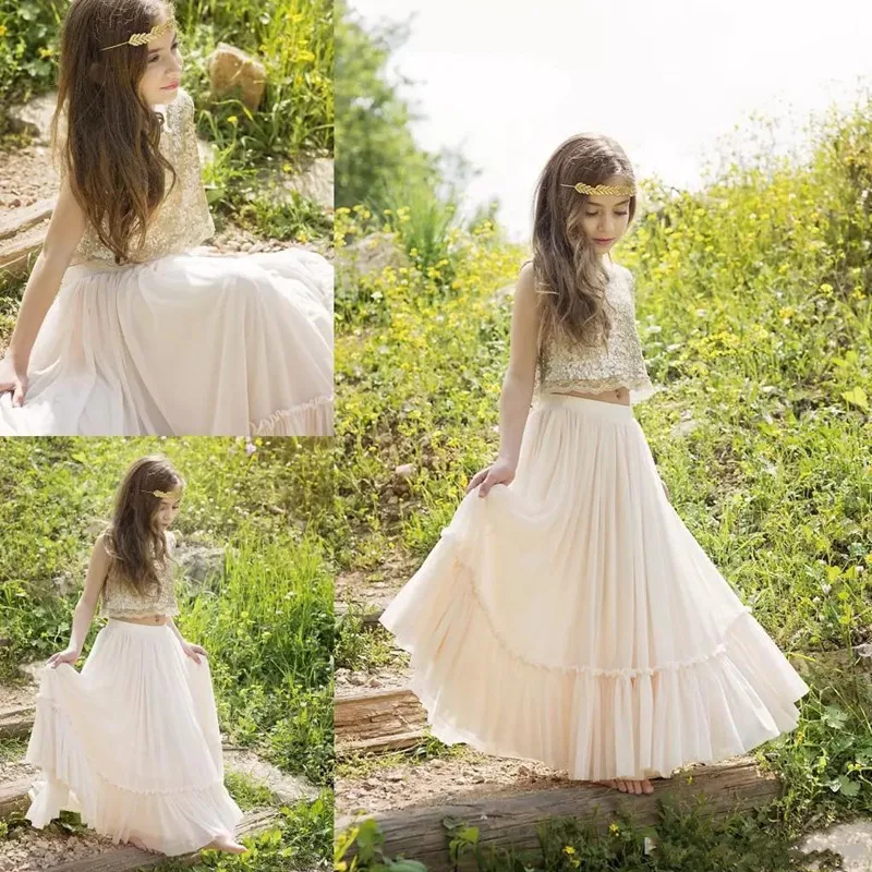 Champagne Tulle Gold Top Sequins Boho-chic Flower Girl Dress Junior Dress Girls Pageant Gown Custom Any Size