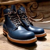 men autumn new pu leather navy blue lace up combat boots business dress boots round head classic motorcycle boots aq215