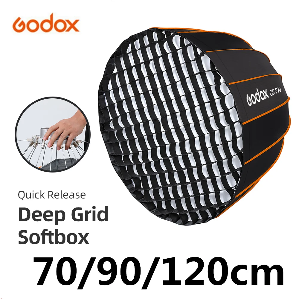 

Фотовспышка Godox QR-P70 QR-P90 70/90/120 см, параболический глубокий софтбокс + сотовая сетка для студийной вспышки Bowens Mount